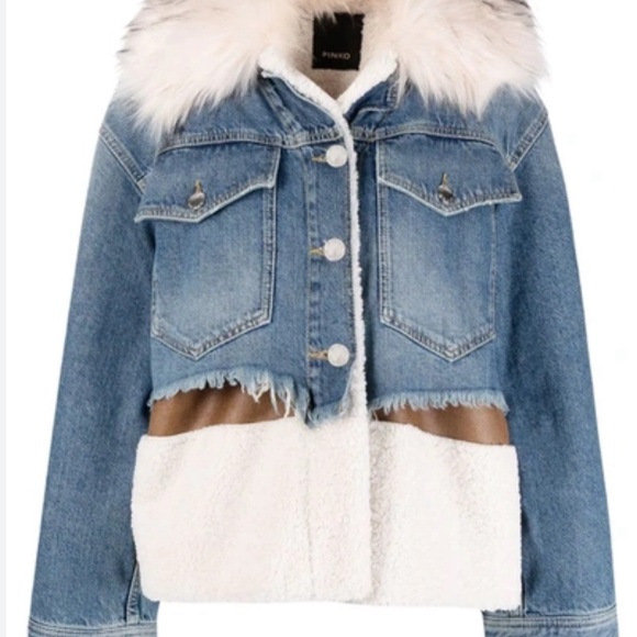 PINKO Faux Fur Trimmed Denim Jacket Size 12 - Picture 6 of 17